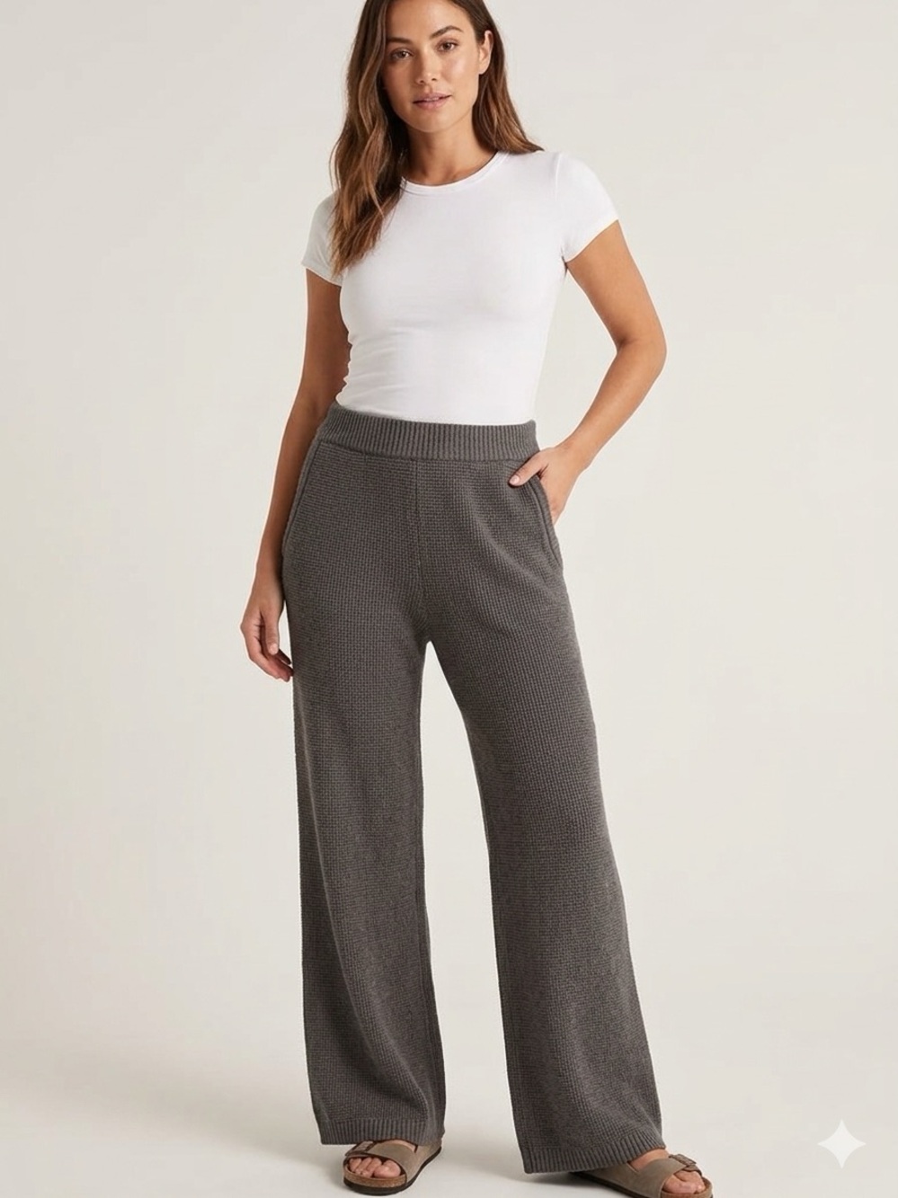 Sincerly Jules Charcoal Gray Wide-Leg Knit Pants Cozy Waffle Texture Lounge